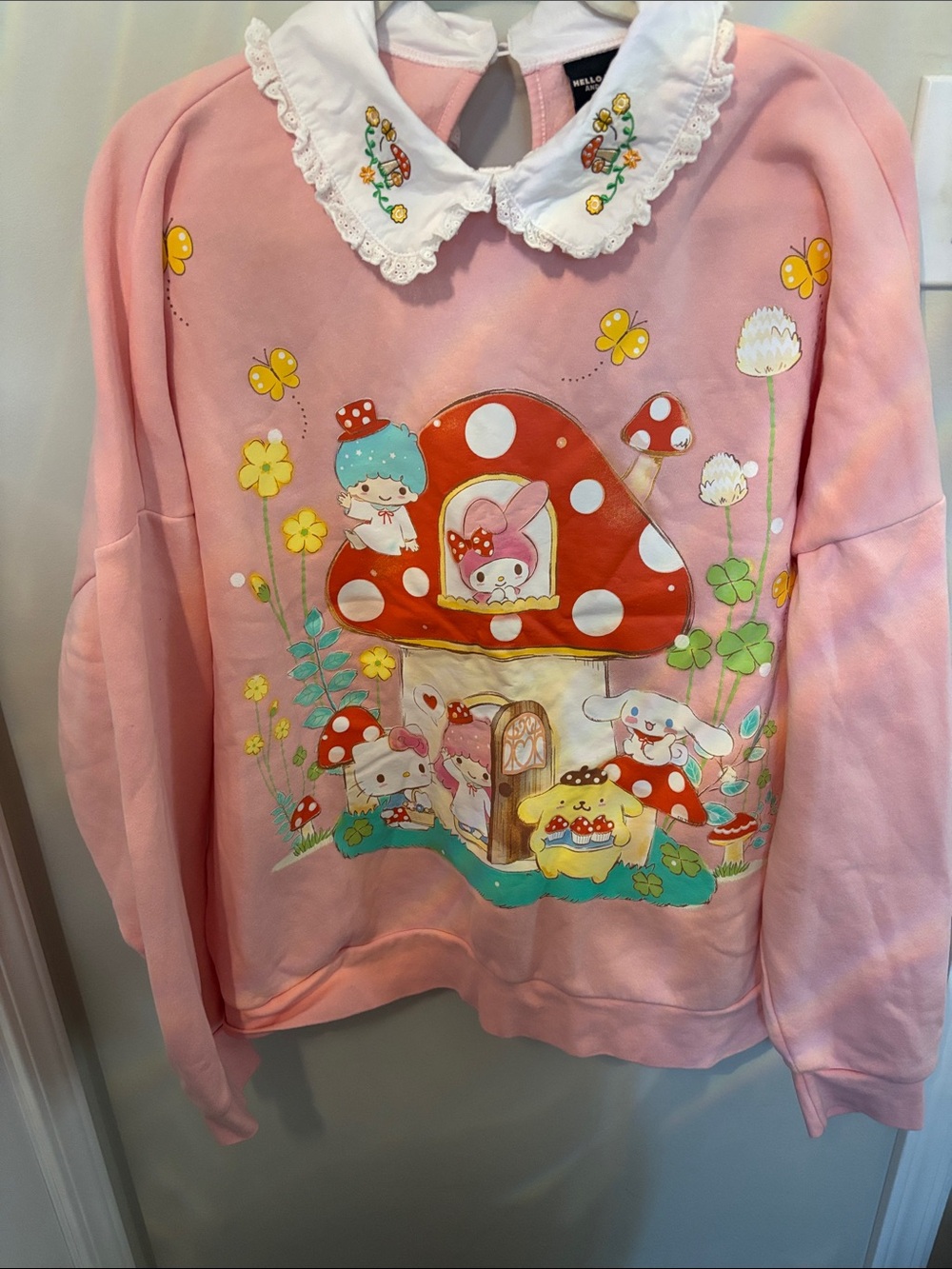 Hello Kitty Pink Mushroom House Graphic Sweater with Lace Collar